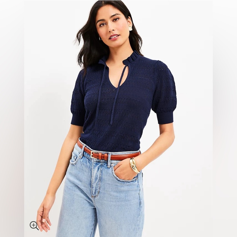 LOFT NWT Pointelle Tie Neck Sweater Tee - Navy‎
